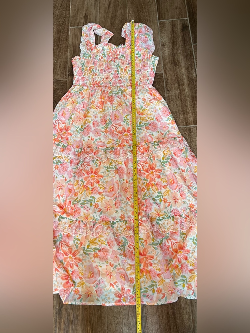 Haute Hippie Dress Sz 12 Pink White Floral Tiered Ruffle Smocked Midi Boho Beach - Picture 6 of 8